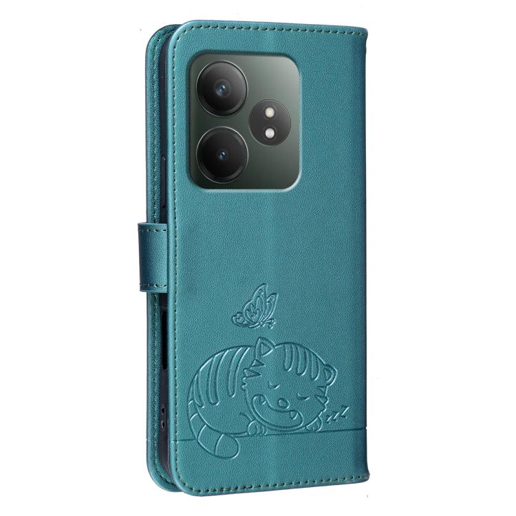 For Realme GT Neo6 Cat Butterfly Embossed RFID Vegan Leather Phone Case with Strap