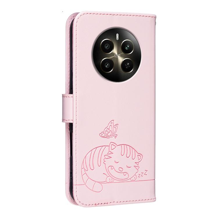 For Realme 12+ Cat Butterfly Embossed RFID Vegan Leather Phone Case with Strap