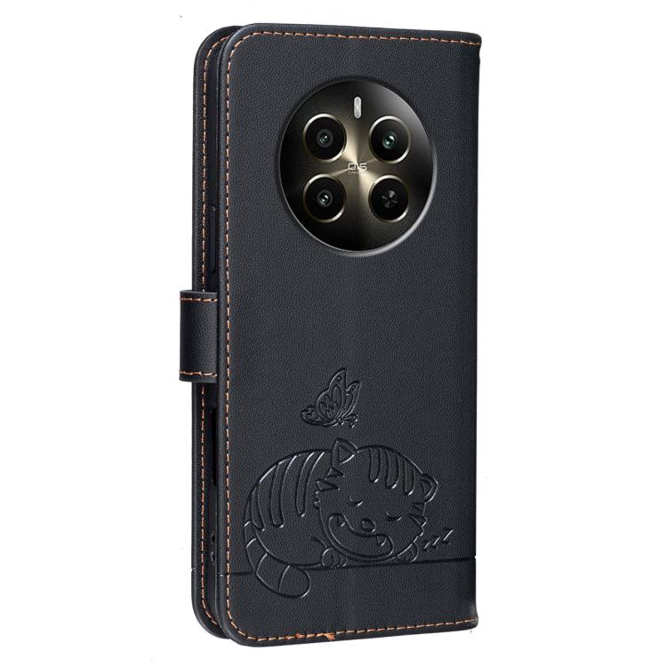 For Realme 12+ Cat Butterfly Embossed RFID Vegan Leather Phone Case with Strap