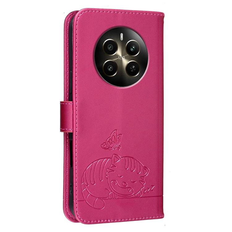 For Realme 12+ Cat Butterfly Embossed RFID Vegan Leather Phone Case with Strap