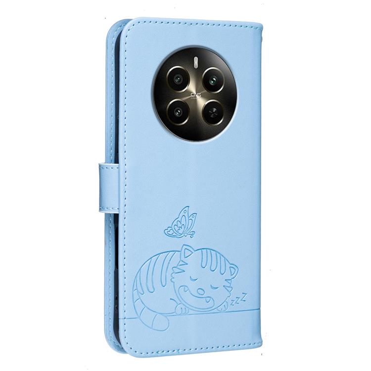 For Realme 12+ Cat Butterfly Embossed RFID Vegan Leather Phone Case with Strap