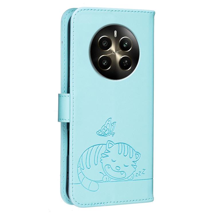 For Realme 12+ Cat Butterfly Embossed RFID Vegan Leather Phone Case with Strap