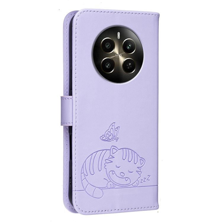For Realme 12+ Cat Butterfly Embossed RFID Vegan Leather Phone Case with Strap