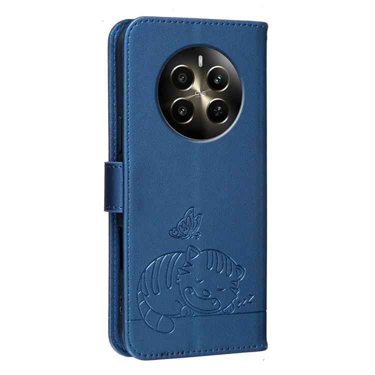 For Realme 12+ Cat Butterfly Embossed RFID Vegan Leather Phone Case with Strap