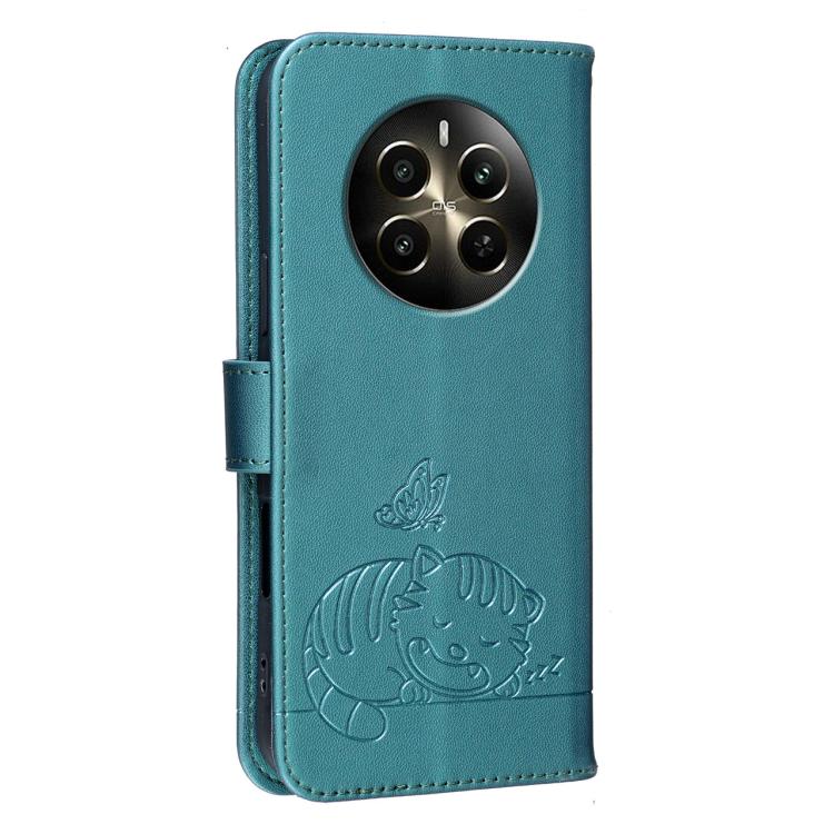 For Realme 12+ Cat Butterfly Embossed RFID Vegan Leather Phone Case with Strap