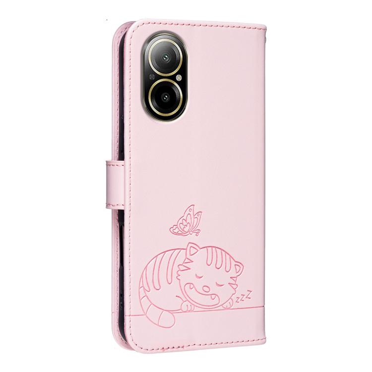 For Realme C67 4G Cat Butterfly Embossed RFID Vegan Leather Phone Case with Strap