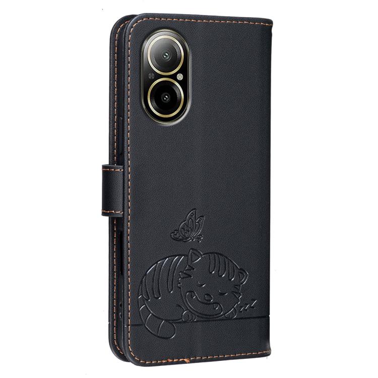For Realme C67 4G Cat Butterfly Embossed RFID Vegan Leather Phone Case with Strap