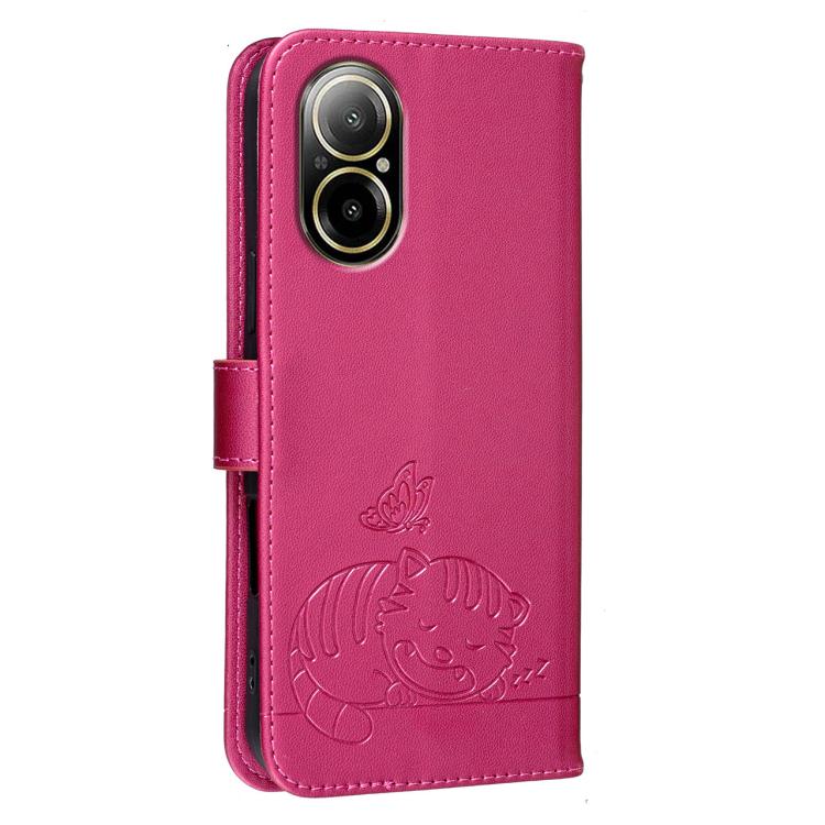 For Realme C67 4G Cat Butterfly Embossed RFID Vegan Leather Phone Case with Strap