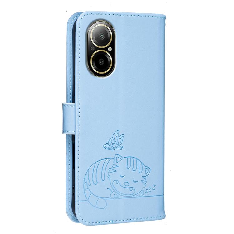 For Realme C67 4G Cat Butterfly Embossed RFID Vegan Leather Phone Case with Strap