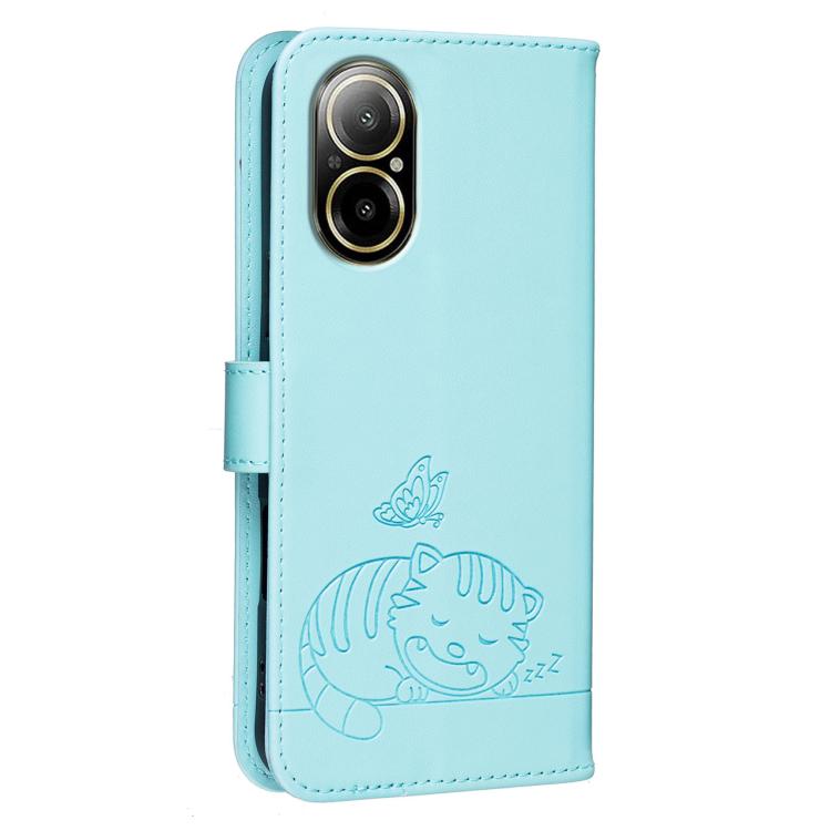For Realme C67 4G Cat Butterfly Embossed RFID Vegan Leather Phone Case with Strap