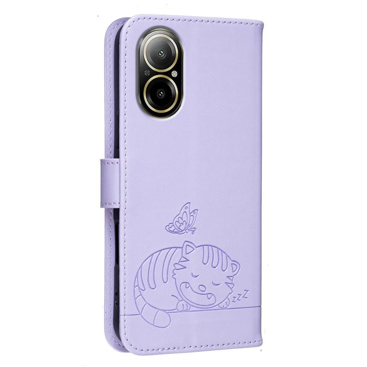 For Realme C67 4G Cat Butterfly Embossed RFID Vegan Leather Phone Case with Strap