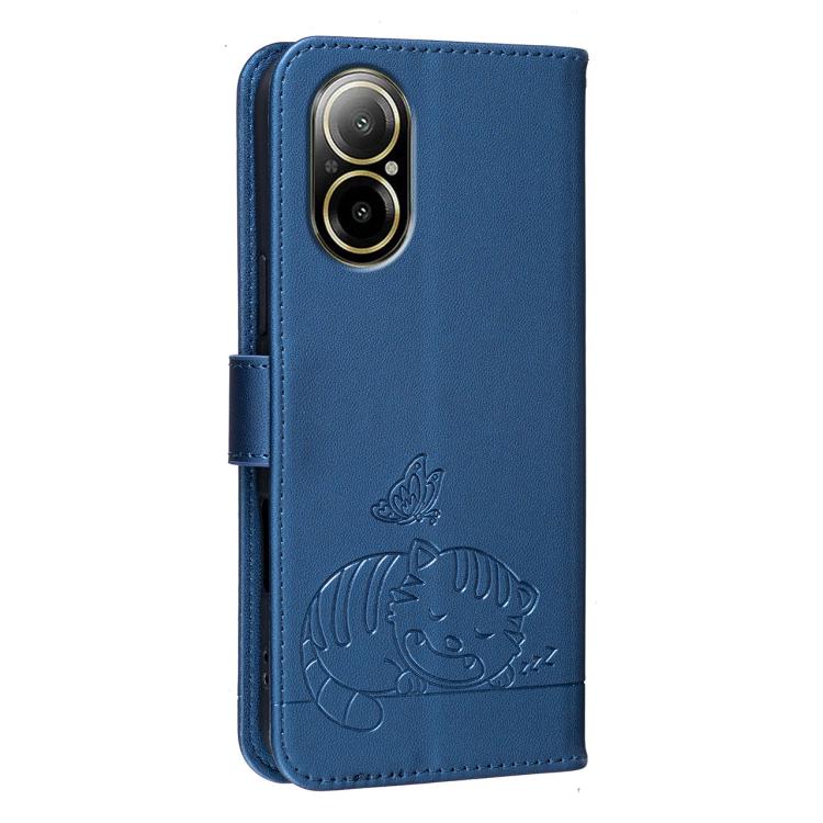 For Realme C67 4G Cat Butterfly Embossed RFID Vegan Leather Phone Case with Strap