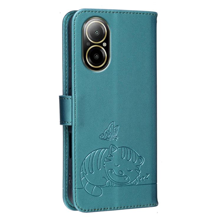 For Realme C67 4G Cat Butterfly Embossed RFID Vegan Leather Phone Case with Strap