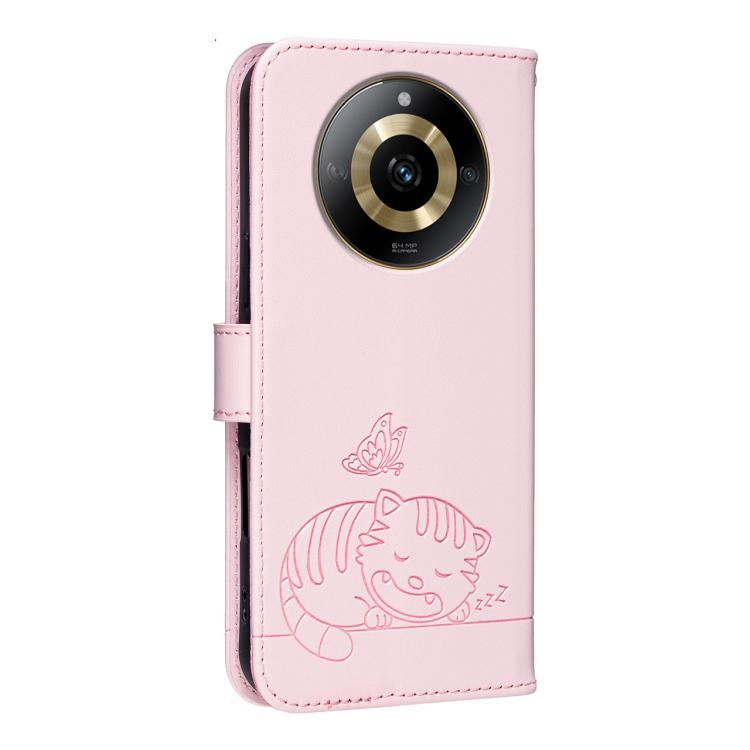 For Realme 11 4G Cat Butterfly Embossed RFID Vegan Leather Phone Case with Strap