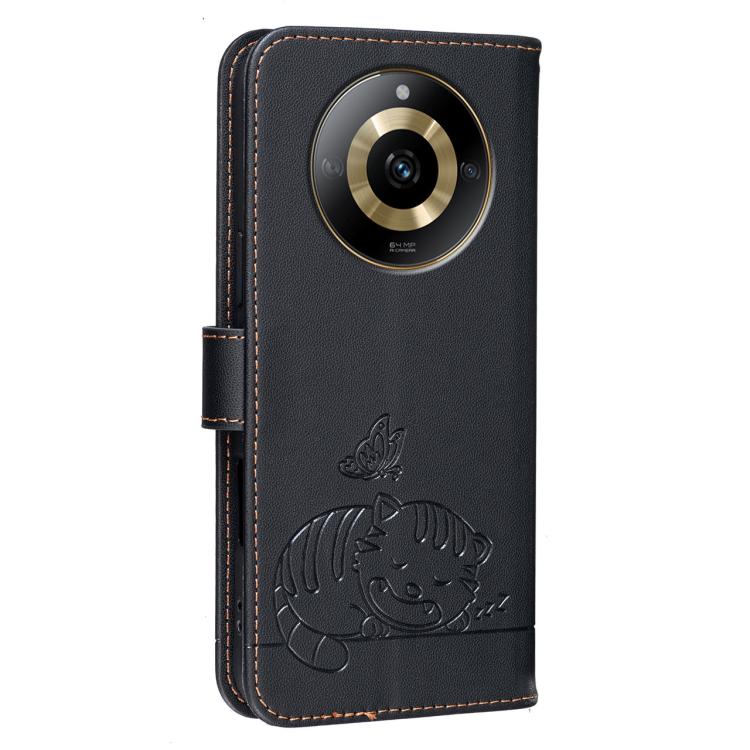 For Realme 11 4G Cat Butterfly Embossed RFID Vegan Leather Phone Case with Strap