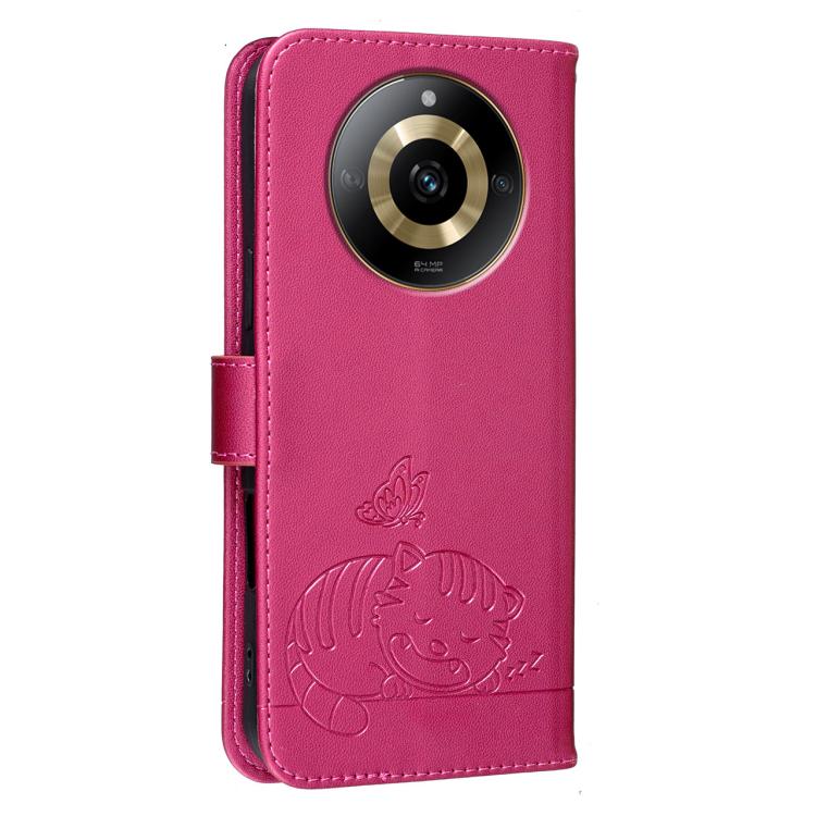 For Realme 11 4G Cat Butterfly Embossed RFID Vegan Leather Phone Case with Strap