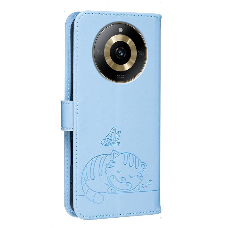 For Realme 11 4G Cat Butterfly Embossed RFID Vegan Leather Phone Case with Strap