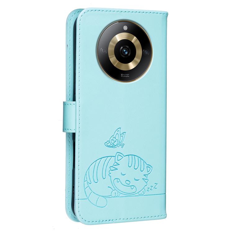 For Realme 11 4G Cat Butterfly Embossed RFID Vegan Leather Phone Case with Strap