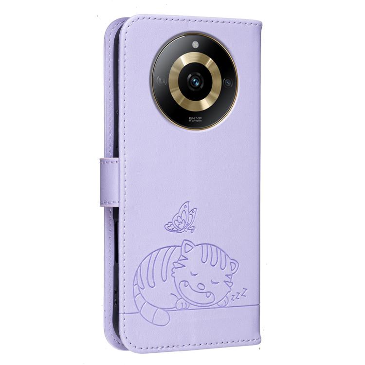 For Realme 11 4G Cat Butterfly Embossed RFID Vegan Leather Phone Case with Strap
