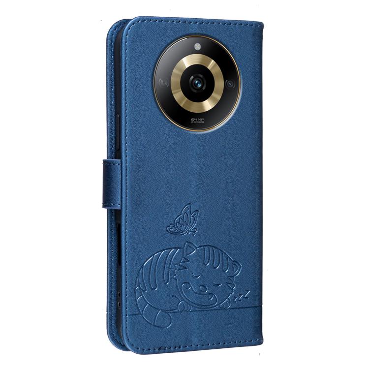For Realme 11 4G Cat Butterfly Embossed RFID Vegan Leather Phone Case with Strap