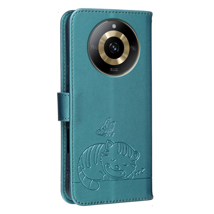 For Realme 11 4G Cat Butterfly Embossed RFID Vegan Leather Phone Case with Strap