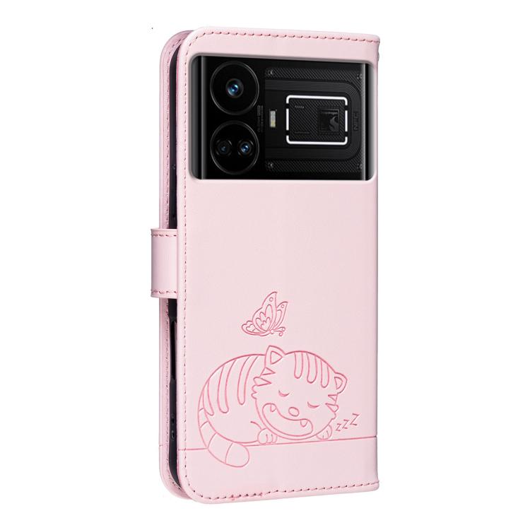 For Realme GT5 Cat Butterfly Embossed RFID Vegan Leather Phone Case with Strap