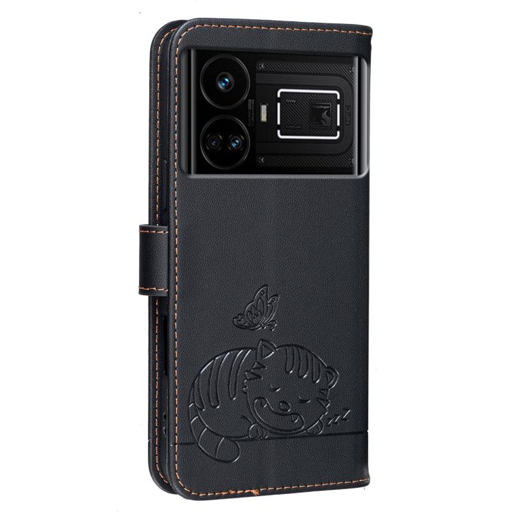For Realme GT5 Cat Butterfly Embossed RFID Vegan Leather Phone Case with Strap