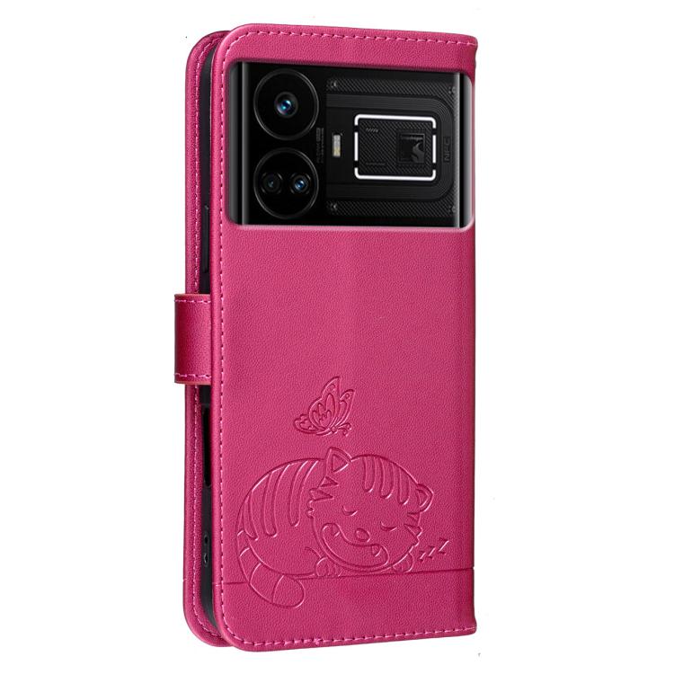 For Realme GT5 Cat Butterfly Embossed RFID Vegan Leather Phone Case with Strap
