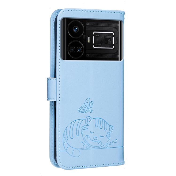 For Realme GT5 Cat Butterfly Embossed RFID Vegan Leather Phone Case with Strap