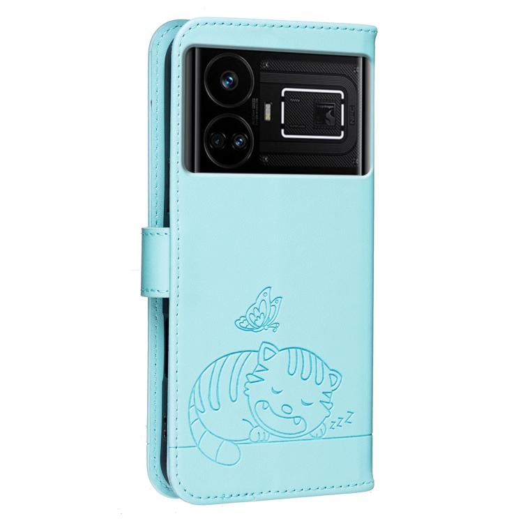 For Realme GT5 Cat Butterfly Embossed RFID Vegan Leather Phone Case with Strap