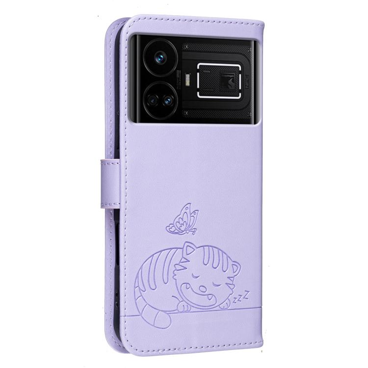 For Realme GT5 Cat Butterfly Embossed RFID Vegan Leather Phone Case with Strap