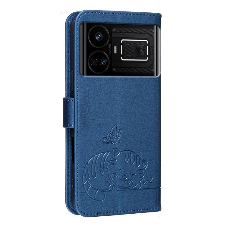 For Realme GT5 Cat Butterfly Embossed RFID Vegan Leather Phone Case with Strap