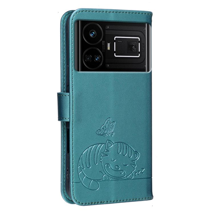 For Realme GT5 Cat Butterfly Embossed RFID Vegan Leather Phone Case with Strap