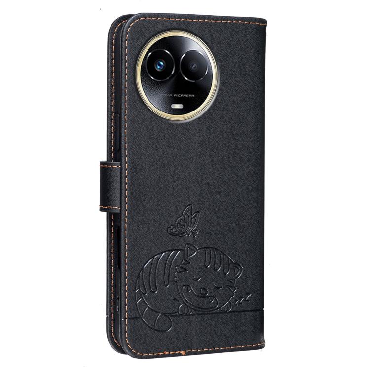 For Realme 11 5G Cat Butterfly Embossed RFID Vegan Leather Phone Case with Strap