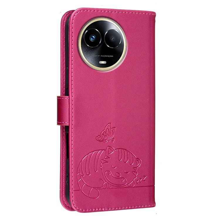 For Realme 11 5G Cat Butterfly Embossed RFID Vegan Leather Phone Case with Strap