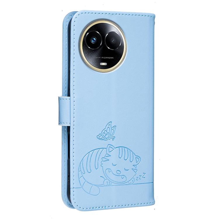 For Realme 11 5G Cat Butterfly Embossed RFID Vegan Leather Phone Case with Strap