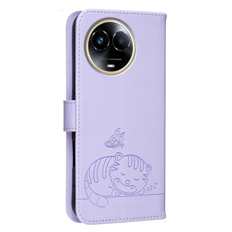 For Realme 11 5G Cat Butterfly Embossed RFID Vegan Leather Phone Case with Strap
