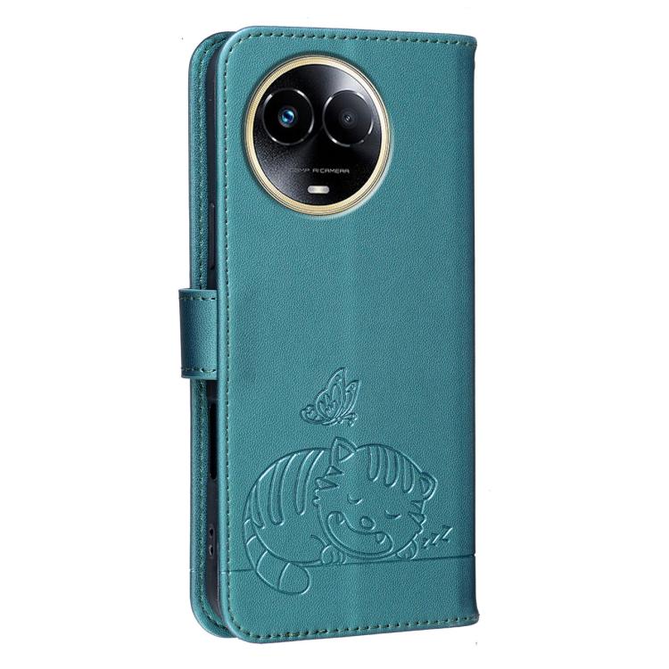 For Realme 11 5G Cat Butterfly Embossed RFID Vegan Leather Phone Case with Strap