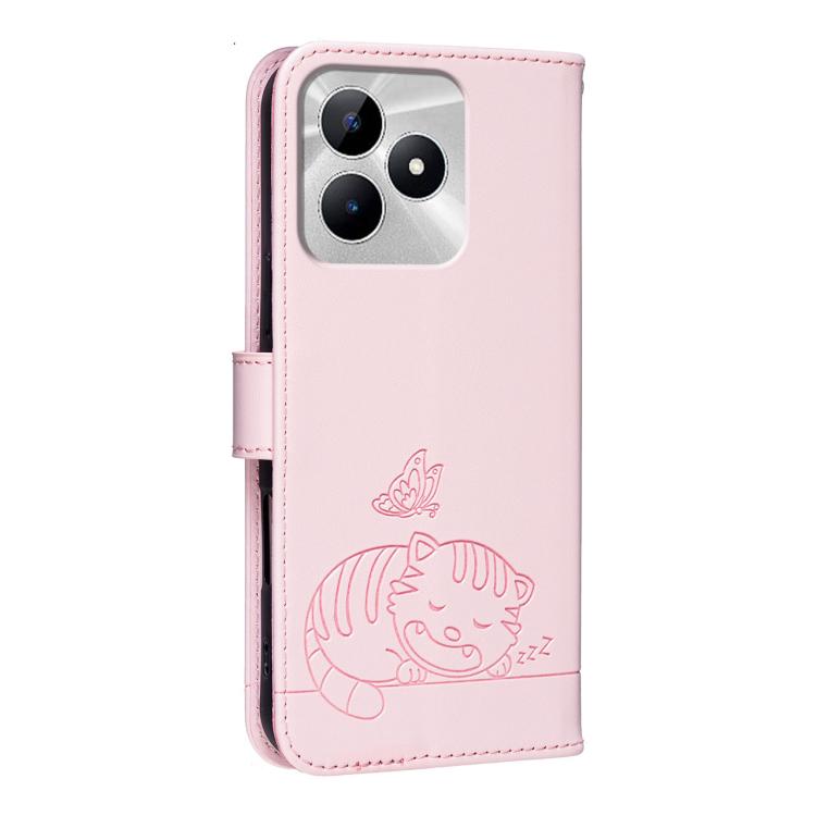 For Realme C53 Cat Butterfly Embossed RFID Vegan Leather Phone Case with Strap