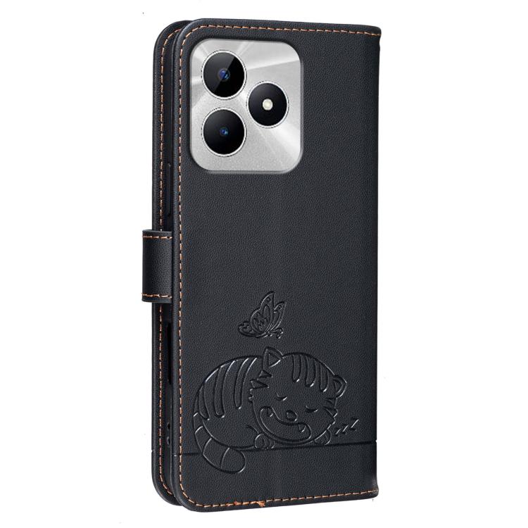 For Realme C53 Cat Butterfly Embossed RFID Vegan Leather Phone Case with Strap