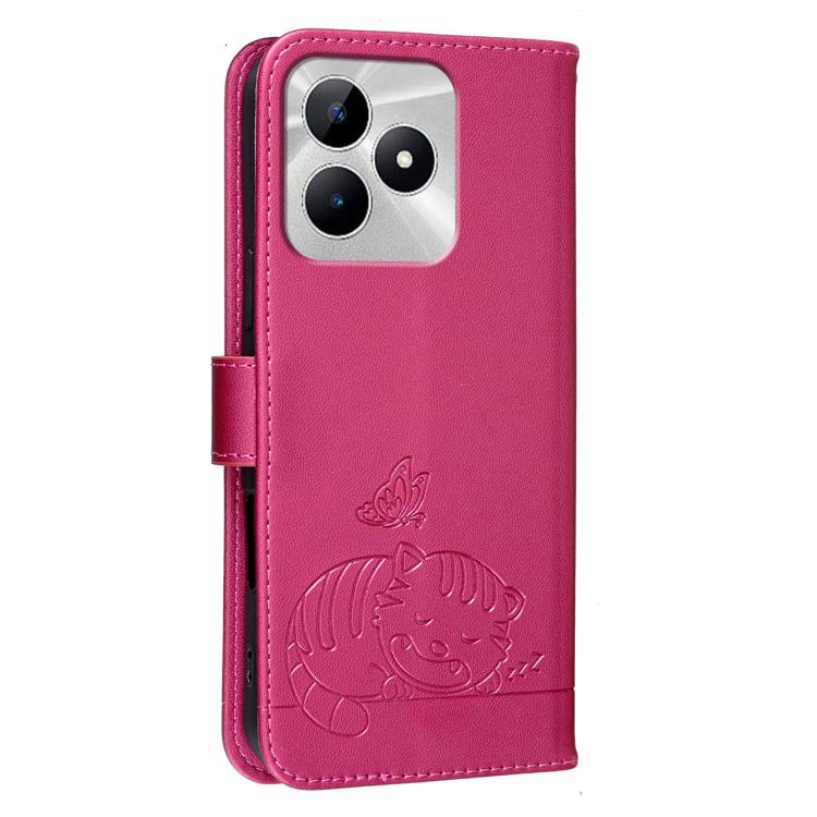 For Realme C53 Cat Butterfly Embossed RFID Vegan Leather Phone Case with Strap