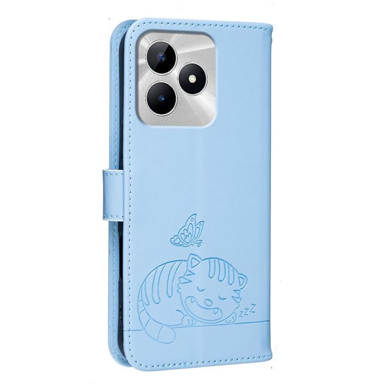 For Realme C53 Cat Butterfly Embossed RFID Vegan Leather Phone Case with Strap