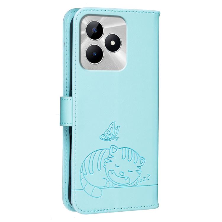 For Realme C53 Cat Butterfly Embossed RFID Vegan Leather Phone Case with Strap
