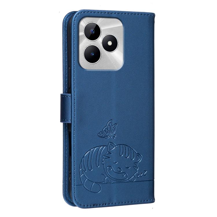 For Realme C53 Cat Butterfly Embossed RFID Vegan Leather Phone Case with Strap