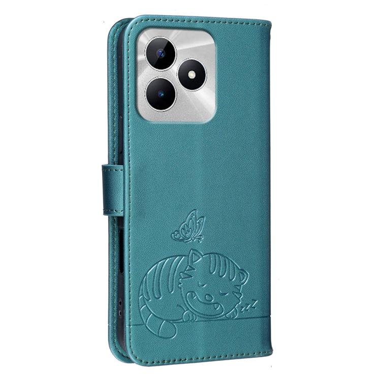 For Realme C53 Cat Butterfly Embossed RFID Vegan Leather Phone Case with Strap