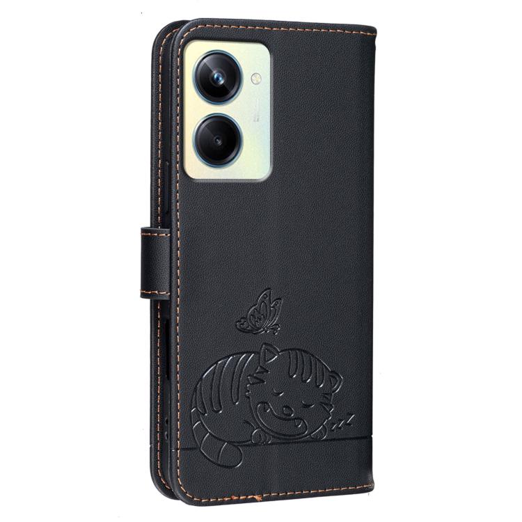 For Realme 11 Pro Cat Butterfly Embossed RFID Vegan Leather Phone Case with Strap