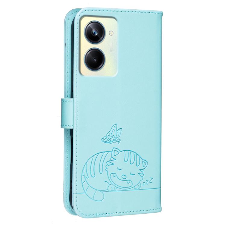 For Realme 11 Pro Cat Butterfly Embossed RFID Vegan Leather Phone Case with Strap