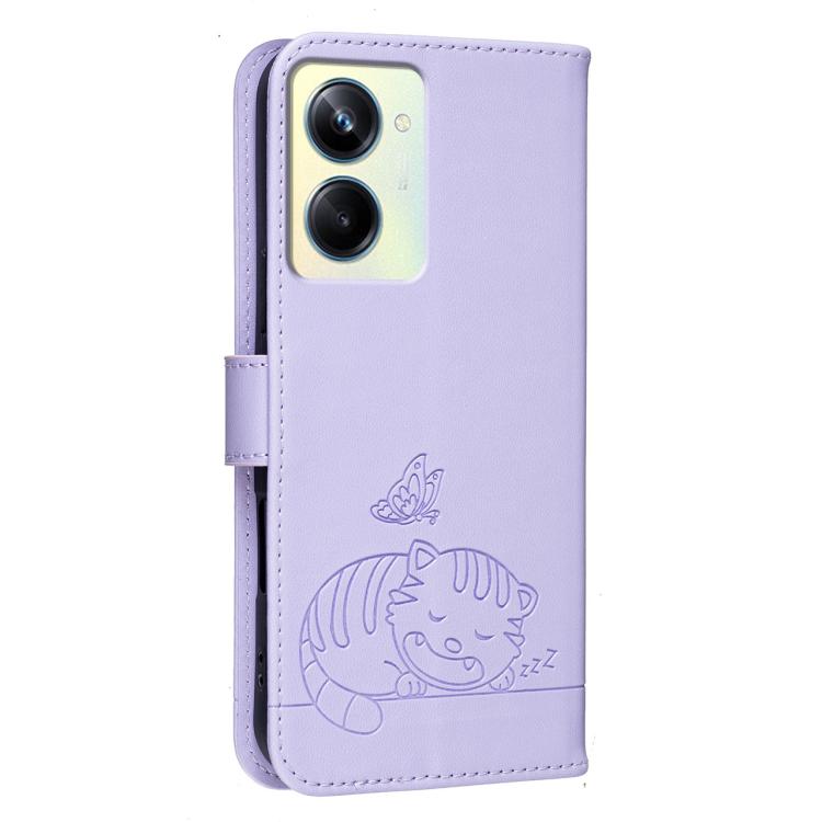 For Realme 11 Pro Cat Butterfly Embossed RFID Vegan Leather Phone Case with Strap