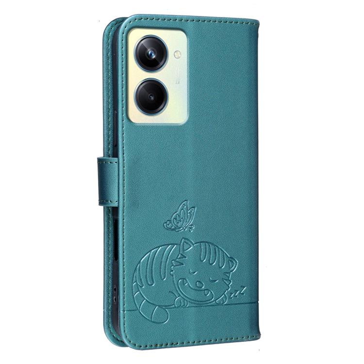 For Realme 11 Pro Cat Butterfly Embossed RFID Vegan Leather Phone Case with Strap