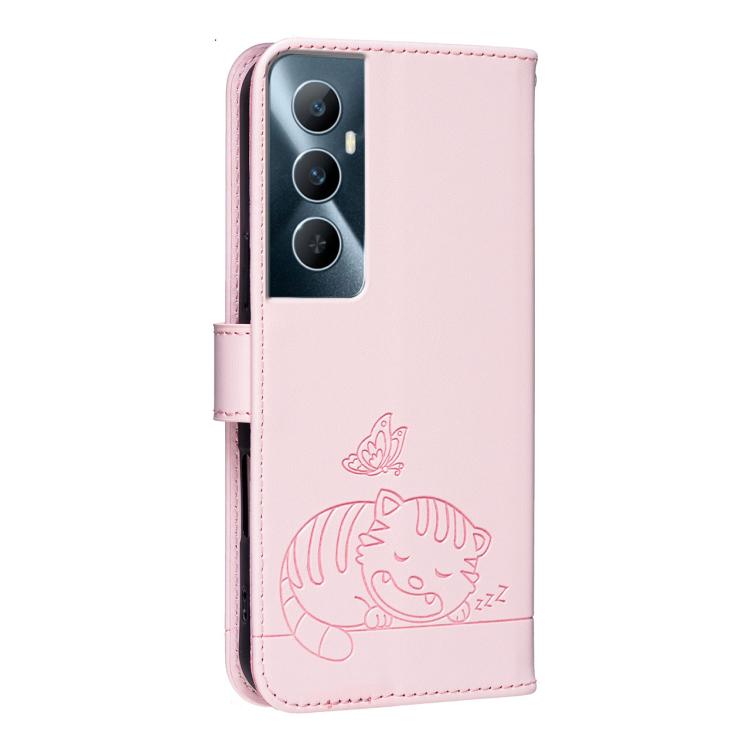 For Realme C65 Cat Butterfly Embossed RFID Vegan Leather Phone Case with Strap